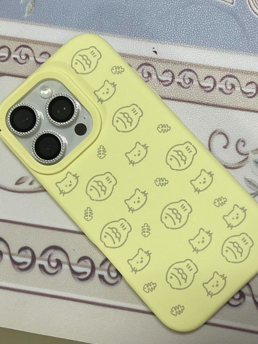Cream Yellow Cat & Fish iPhone Case